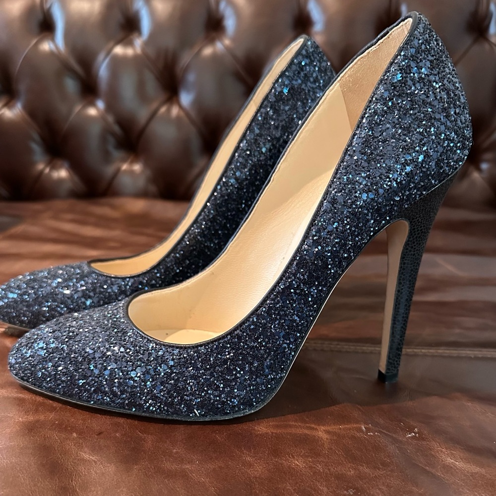 Jimmy Choo Blue Glitter Pumps Esme 85, Round Toe, Size 39 1/2